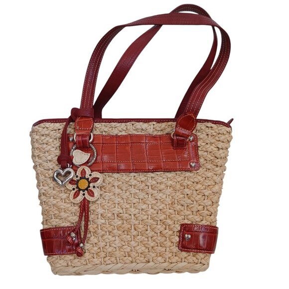 Brighton Bag Woven Natural Straw Red Croc Embossed Leather Floral Charm Dust Bag - Picture 1 of 14